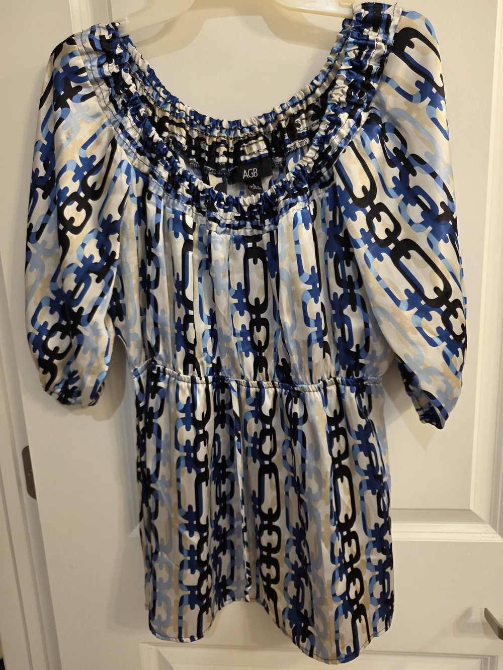 AGB Blue and White Chain-Print Midi Dress